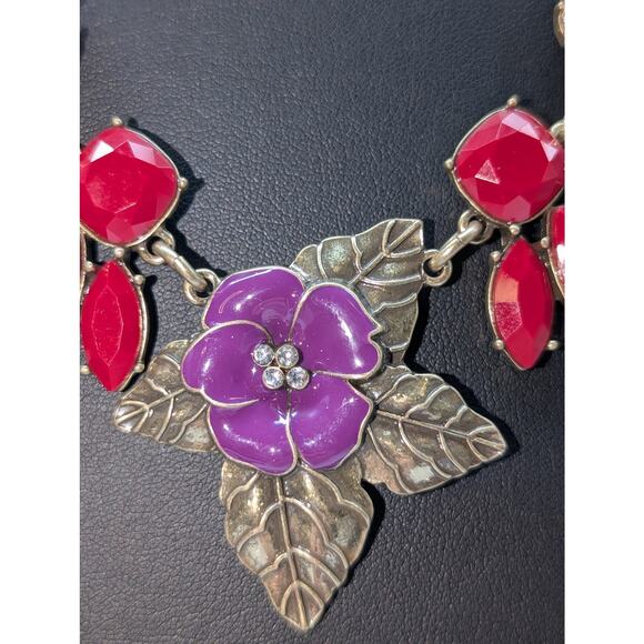 The Delta Box Red Bead Rhinestone Purple Enamel Flower Statement Necklace - Picture 4 of 6